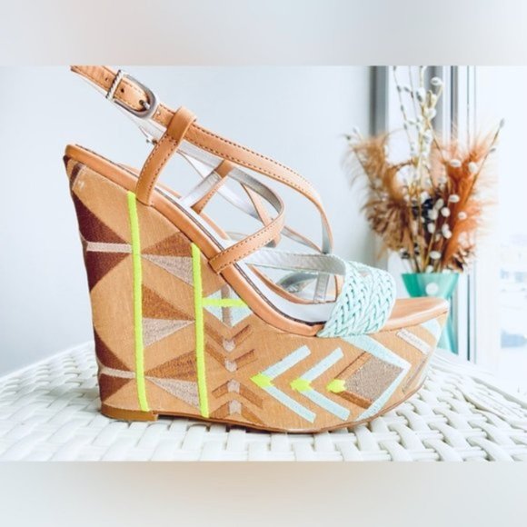Vintage Sam Edelman Wedge Platform Mozaic Strappy Sandals - Picture 10 of 14